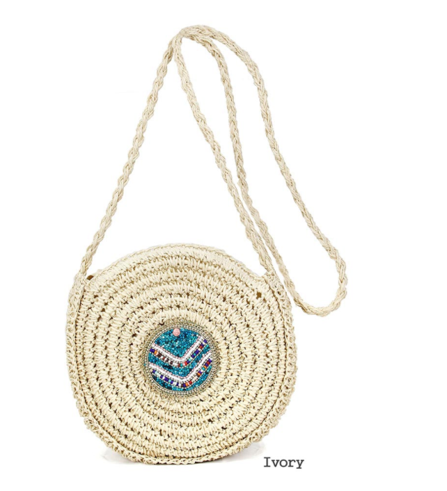 Ivory and Turquoise Straw Cross Body Bag