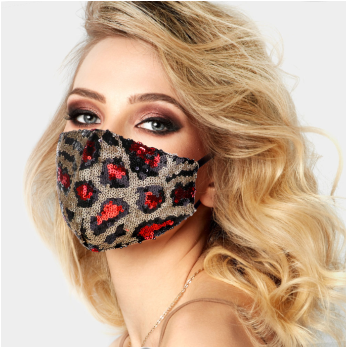  Red Spot Leopard Sequin Face Covering - Adjustable Straps