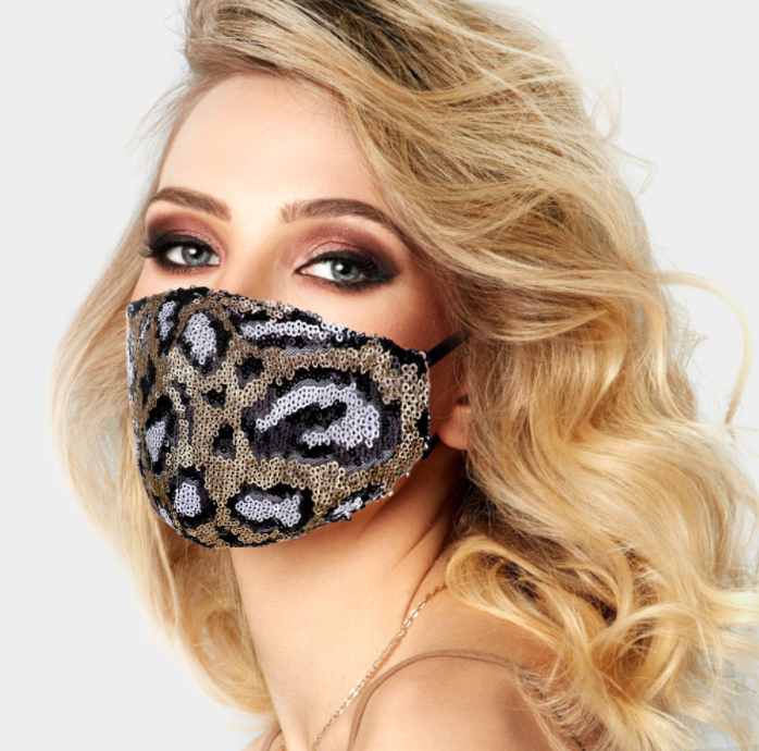  White Spot Leopard Sequin Face Covering - Adjustable Straps