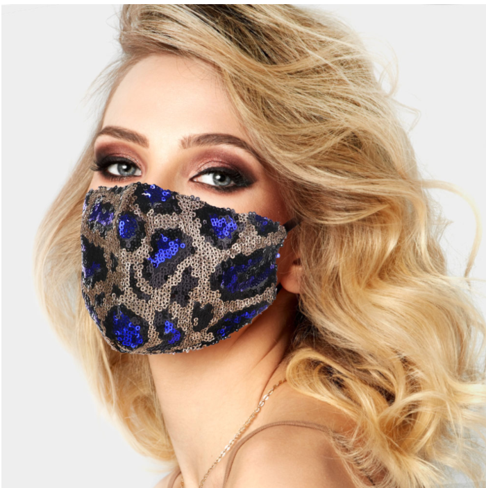 Blue Spot Leopard Sequin Face Covering - Adjustable Straps