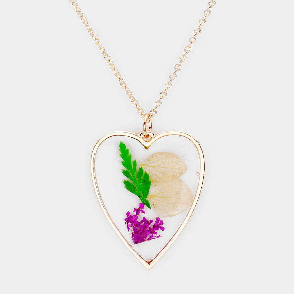 Mixed Pressed Flower Heart Necklace