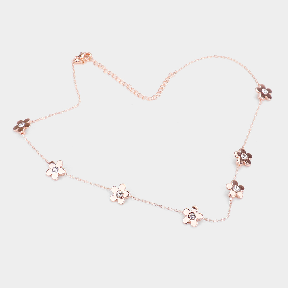 Stone Center Flower Necklace - Rose Gold 